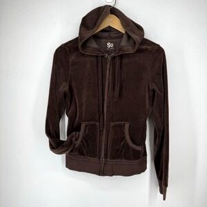 Vintage Y2K Velour Full Zip Hoodie‎ Womens Size Large Fitted Brown Track Preppy
